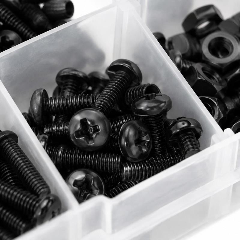 300-Piece Pan Head Machine Screw Assortment with Matching Threaded Hardware, Black Fasteners In a Divided Storage Case for Assembly and Repair Tasks