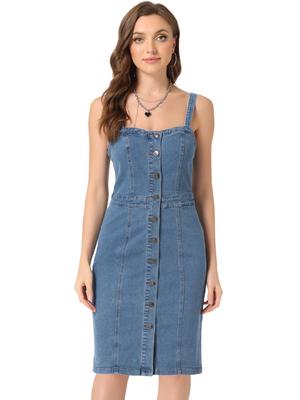 Allegra K Damen Sommer Jeanskleid, Ärmellos, Herz-Ausschnitt, Trägerlos, Knielang, Himmelblau, Größe XS