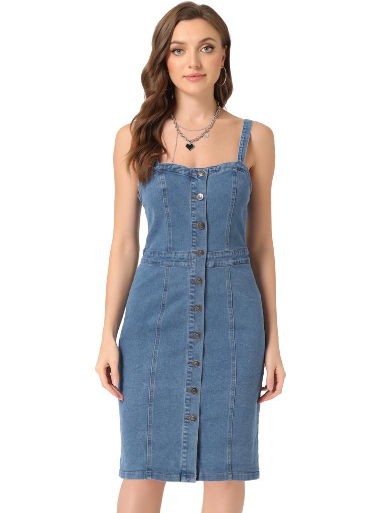 Allegra K Women's Summer Denim Dress, Sleeveless, Sweetheart Neck, Strapless, Knee-Length, Sky Blue, Size XS