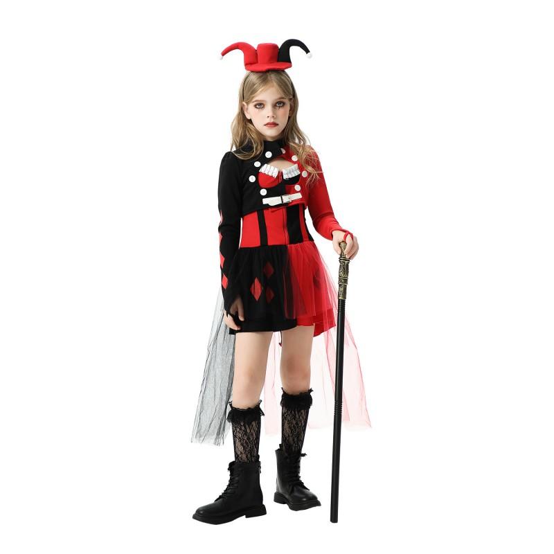 Harley Quinn Cosplay Costume Girls 3-Piece Set Clown Outfit Halloween Circus Performance Dress With Tights