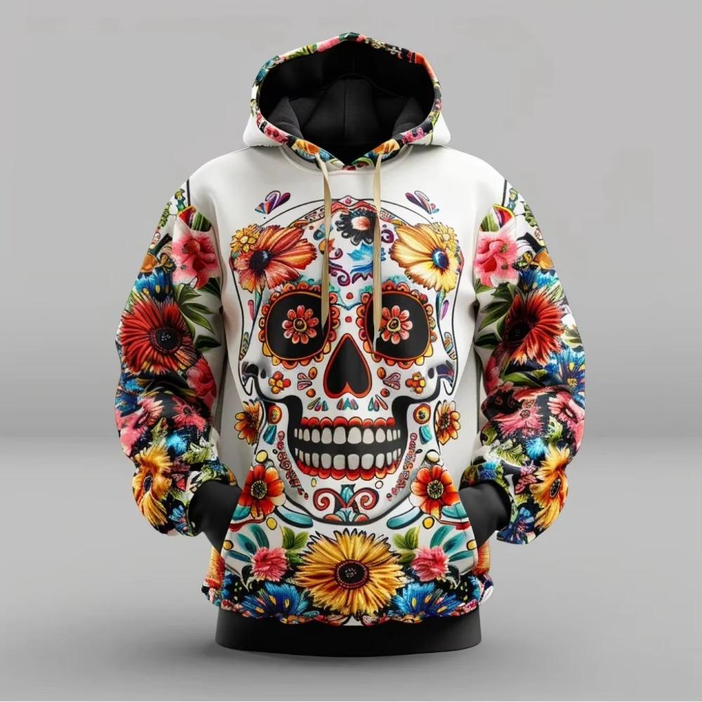 Unisex Mexican Sugar Skull Floral 3D All Over Print Hoodie Day Of The Dead Graphic Casual Long Sleeve Hooded Sweatshirt
