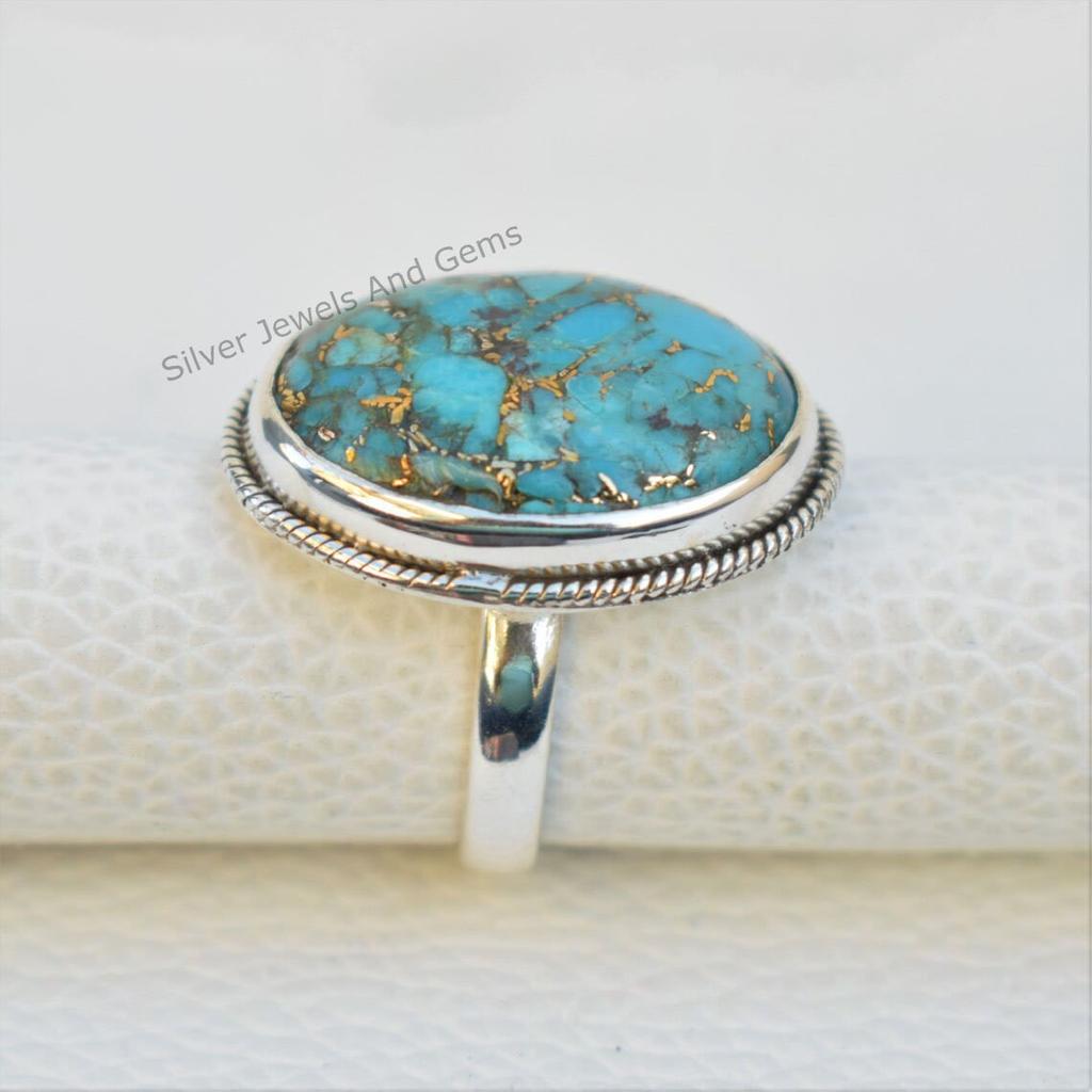 Blue Copper Turquoise Ring, 925 Sterling Silver Handmade Ring, Oval Gemstone Ring, December Birthstone, Promise Ring