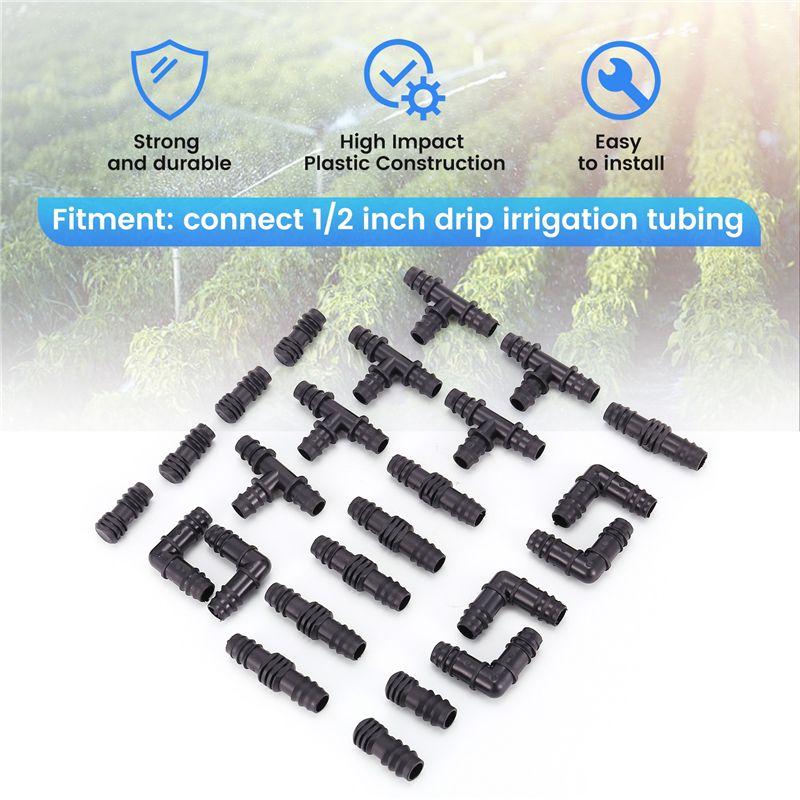 A84X-Irrigation Fittings Kit For Drip Tubing -6 Tees, 6 Couplings, 6 Ends, 6 Elbows - 16Mm Compatible Drip Sprinkler Systems