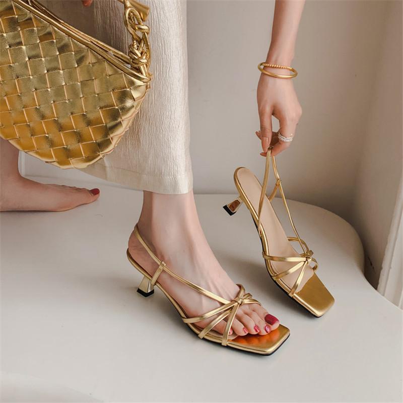 Mode Neue Sommersandalen Spaltledersandalen für Damen Mode Eckige Zehenpartie Hohe Absätze Sandalen Damenschuhe Gladiatorenschuhe Golden