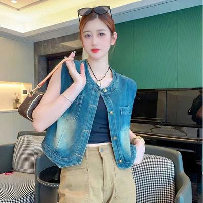 Denim Vest Women's New Fashion Versatile Retro Wash Button Round Neck Sweetheart Sleeveless Vest Coat Fashion