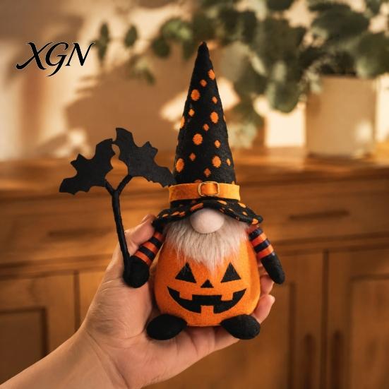 Creepy Gothic Style Ornaments Halloween Plush Gnome Decoration, Spooky Orange Black Spider Web Bat Swedish Faceless Dolls Tomte Elf Figurine,