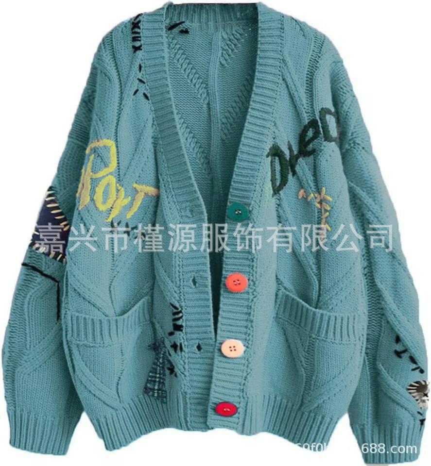 Fashion Lazy Wind Embroidered Sweater Women's Autumn and Winter New Letter Design Loose Knitted Sweater Jacket Tide