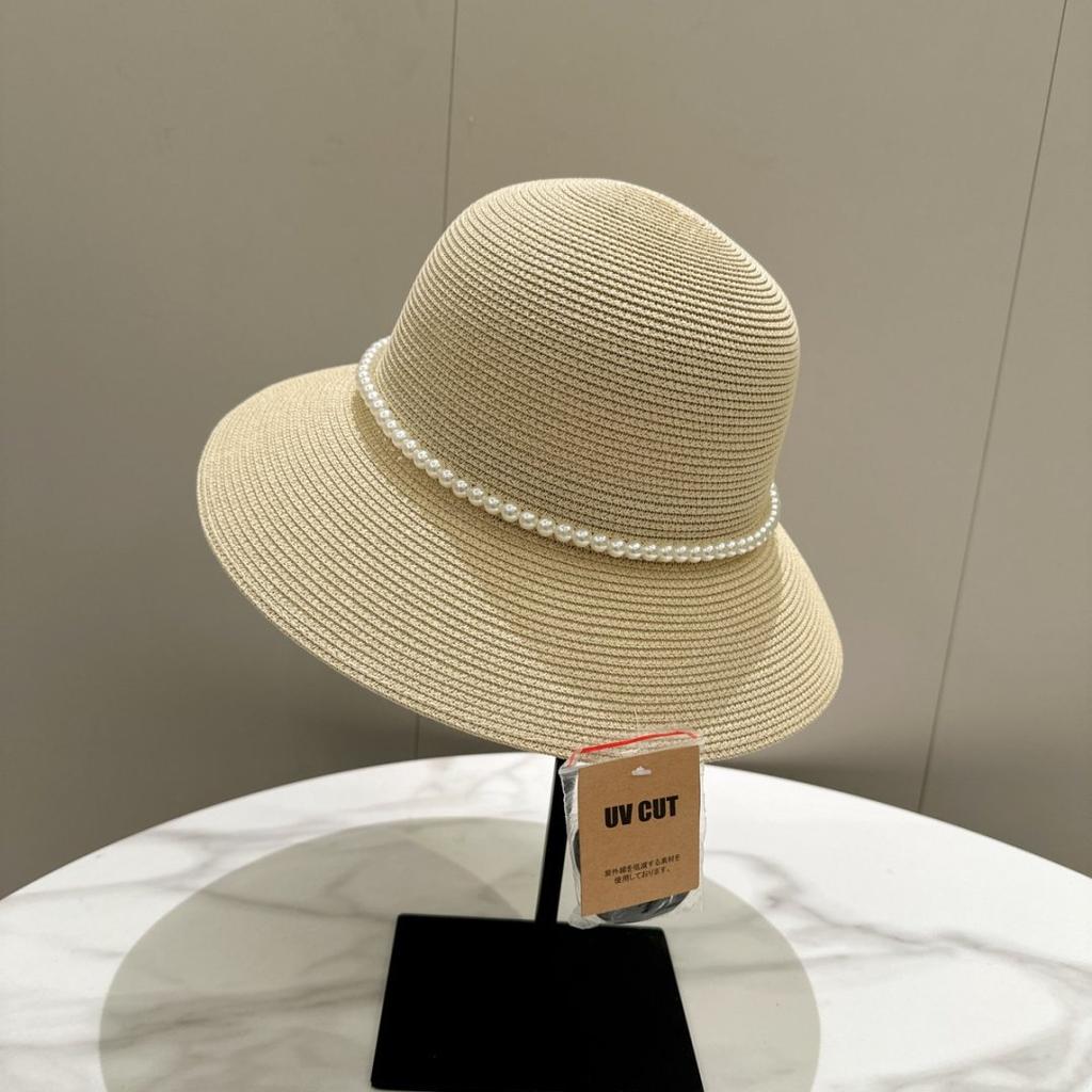 French Style Retro Pearl Chain Flat Top Elegant Straw Hat Sunshade Spring And Summer Big Eaves Hat Top Hat Women'S Beach Hat