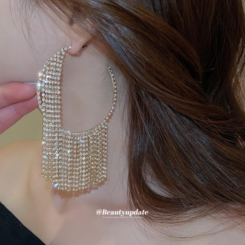 Silver Needle Super Flash Diamond-set Geometric Round Fringed Earrings Exaggerated Temperament Earrings Light Luxury High-end Earrings Women