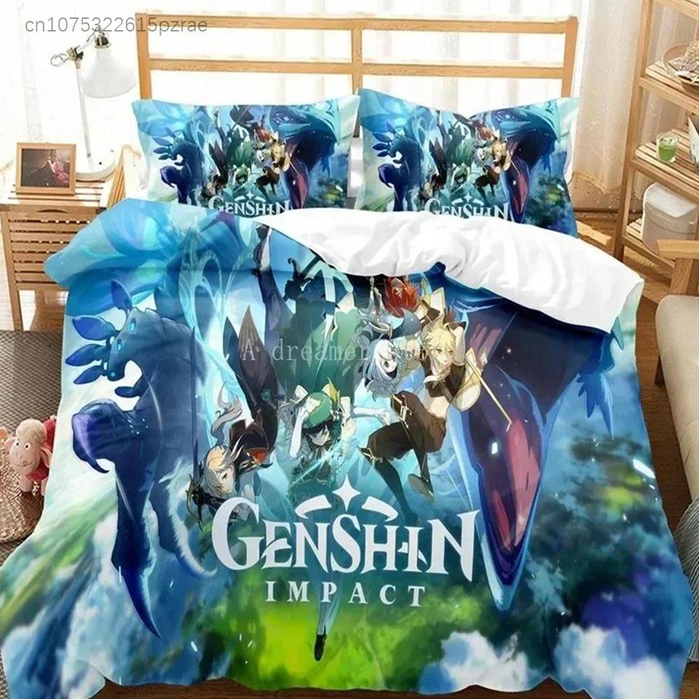 Genshin Impact Bettwäsche-Set Bettbezug Laken Bedrucktes Bettset Kissenbezug Bett Voll Queen King Size Bettdecke Schlafzimmer