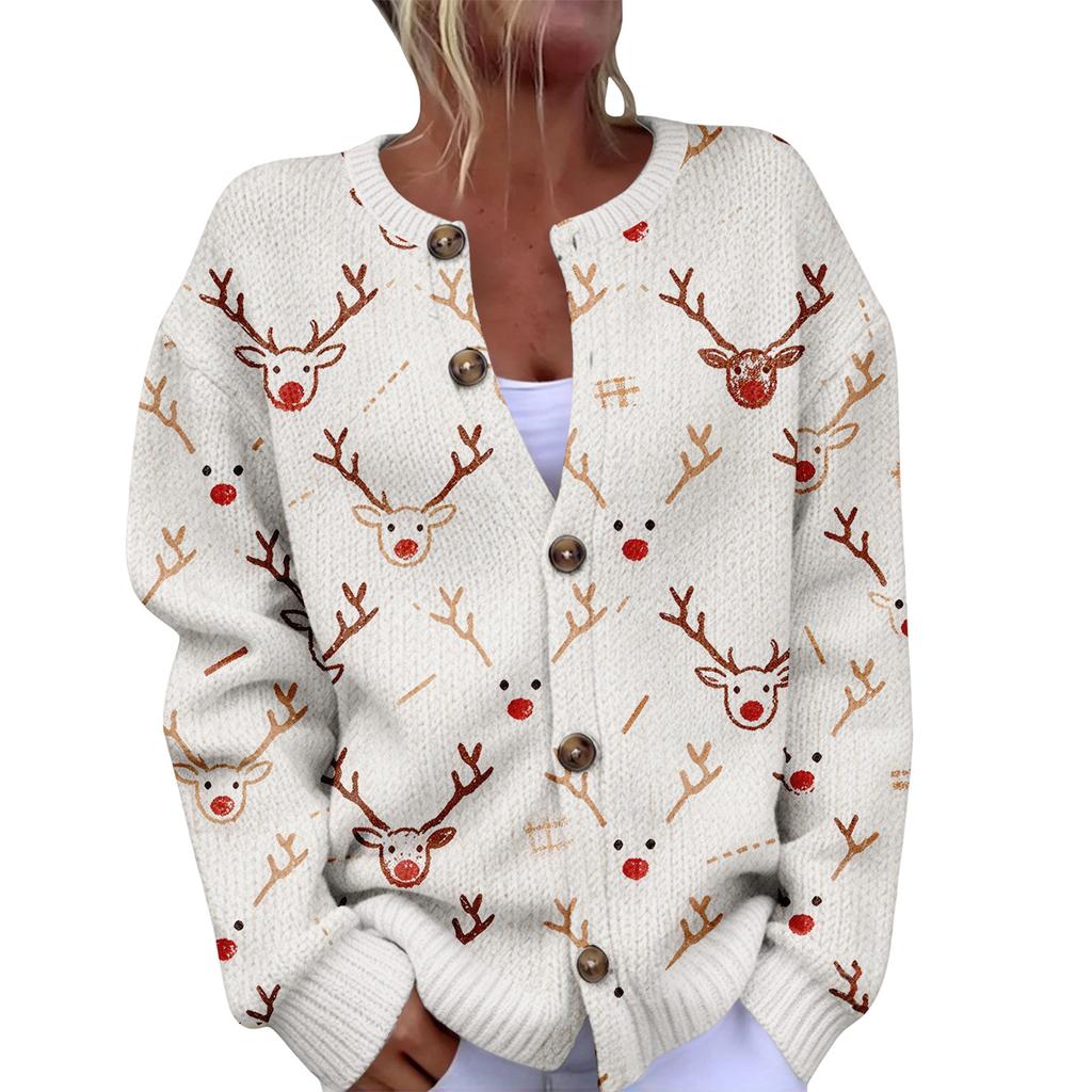 Women's Christmas Print Cardigan Long Sleeve Button Down Knit Outerwear for Holiday Party