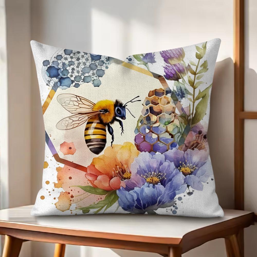 Watercolor beeflowers Cushion Cover Natural Linen Organic Fabric DoubleSided Printing Couch Pillow Covers Home Decor