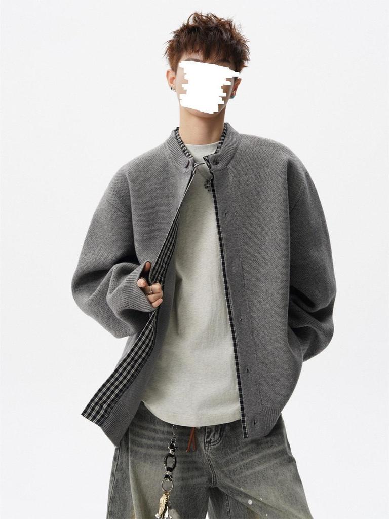 Men's Grid Patchwork Knit Cardigan - Autumn Casual Loose-Fit Sweater, Trendy and Versatile Jacket.