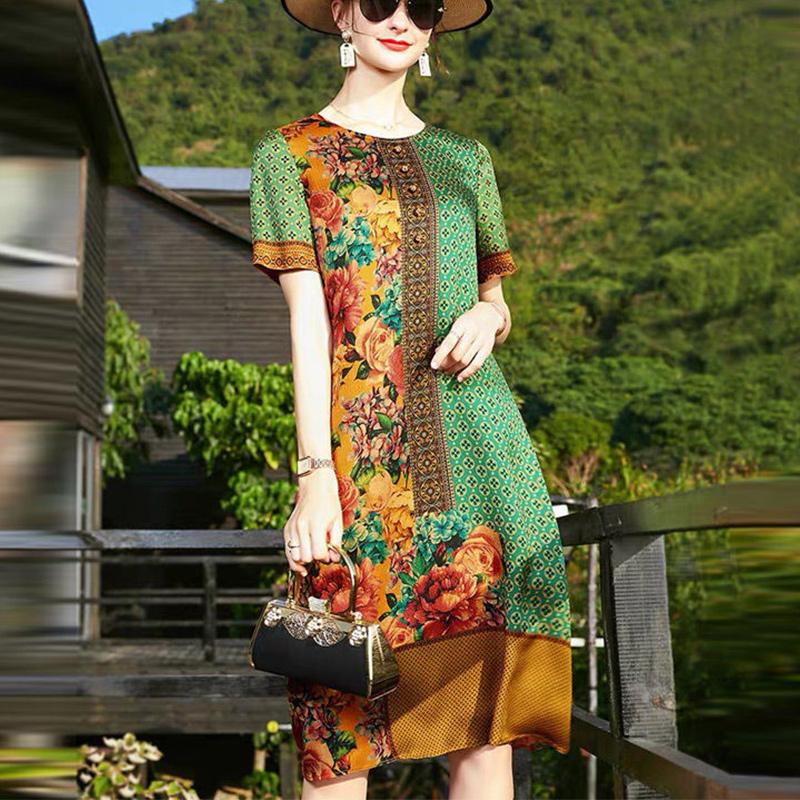 Summer Elegant Fashion Printing Dress Ladies Short Sleeve Loose Casual Midi Robe Women's Round Neck Temperament Vestidos