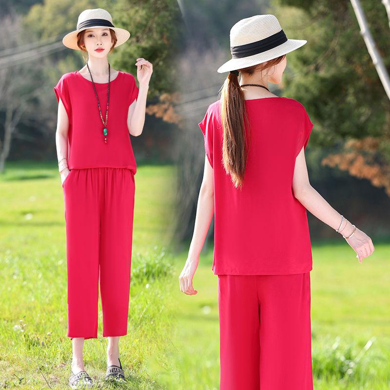 Cotton Silk Two Piece Set Womens Summer Outfit Loose Short Sleeve T-shirt and Pants Casual Trendy Plus Size