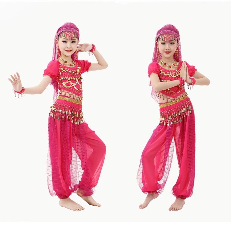 Indische Tanz Bauchtanz Bühne Kostüme Kinder Aufführung Kostüme Kinder Kinderfest Kostüme Fischschuppen Kurzarm Highlight Hose