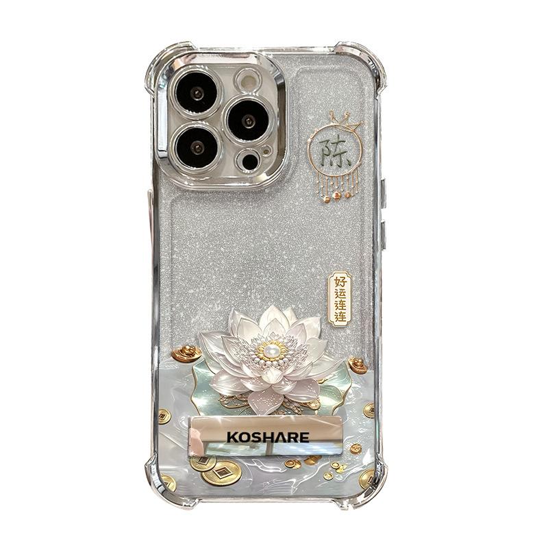 Good luck lotus is suitable for Apple 16promax mobile phone case 17 electroplating four corners anti-drop 15 hundred surnames 14 advanced sense