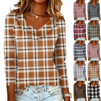 Ladies' Plaid Printed Casual and Fashionable Long Sleeved Pullover Top