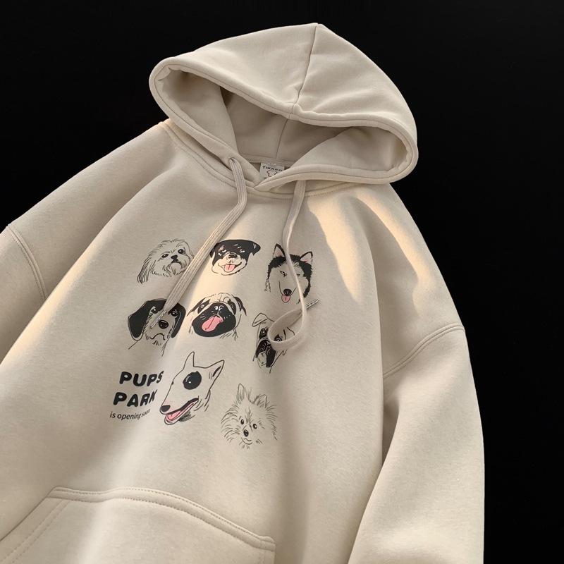 Retro Street Leisure Autumn and Winter New Puppy Print Hooded Sweater Men's Loose Plus Velvet Coat