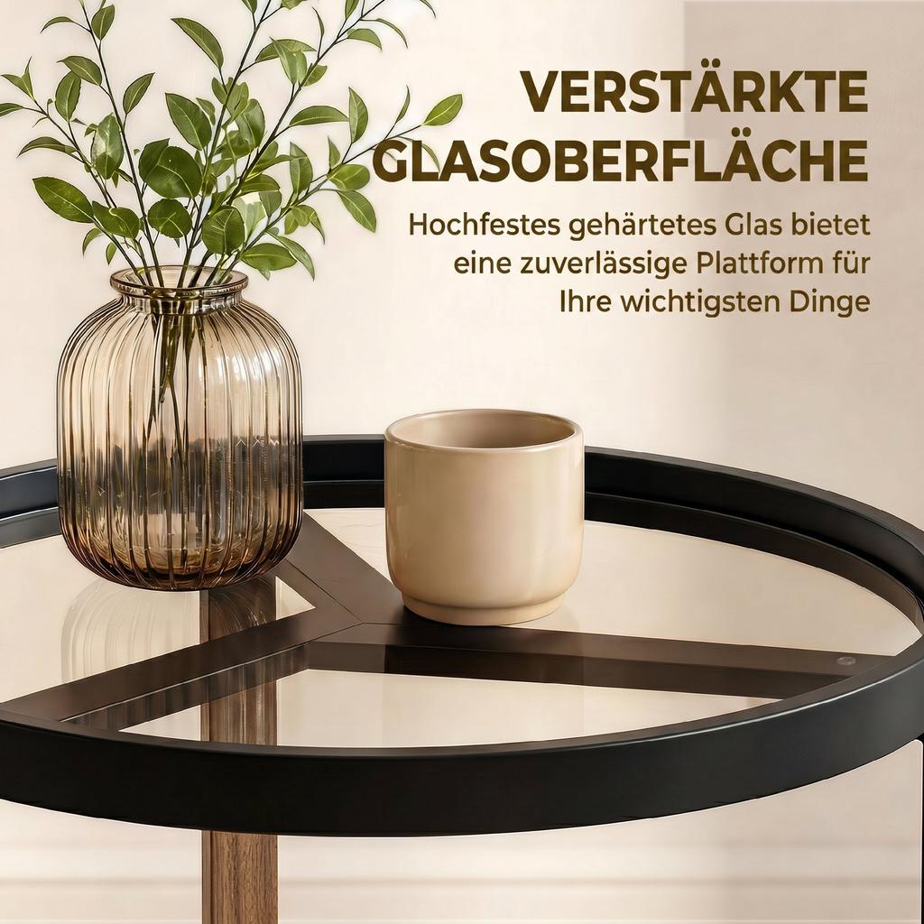 Round Side Table with Tempered Glass Top and Geometric Metal Frame for Small Space, Black