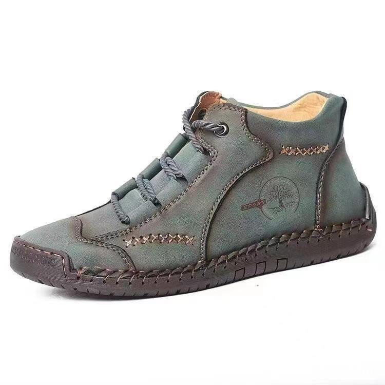Men's Shoes Short Boots Autumn Sewn Leather Boots High Top Leather Flat-soled Outdoor Workwear and Casual Shoes Large-size Board Shoes