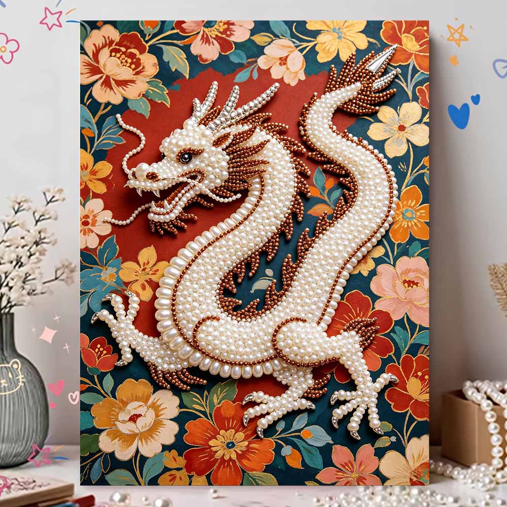 DIY Pearl Gem Chinese Dragon Floral Pattern Shining Bead Craft Art Home Wall Ornament Simple Unframed Room Decoration Modern Art Wall Hanging