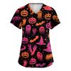 Women's V-Neck Short Sleeve Scrub Top with Pockets Halloween Print for Work