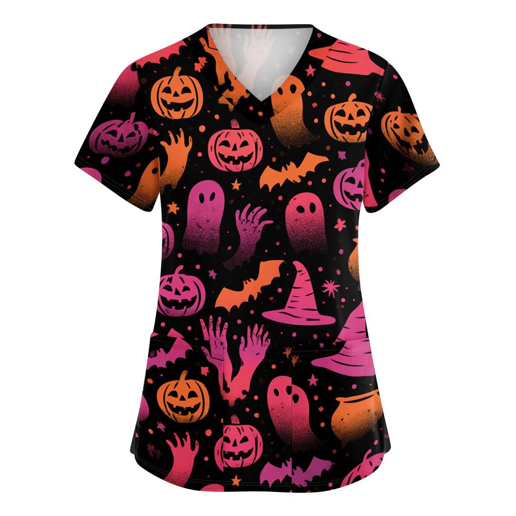 Women's V-Neck Short Sleeve Scrub Top with Pockets Halloween Print for Work