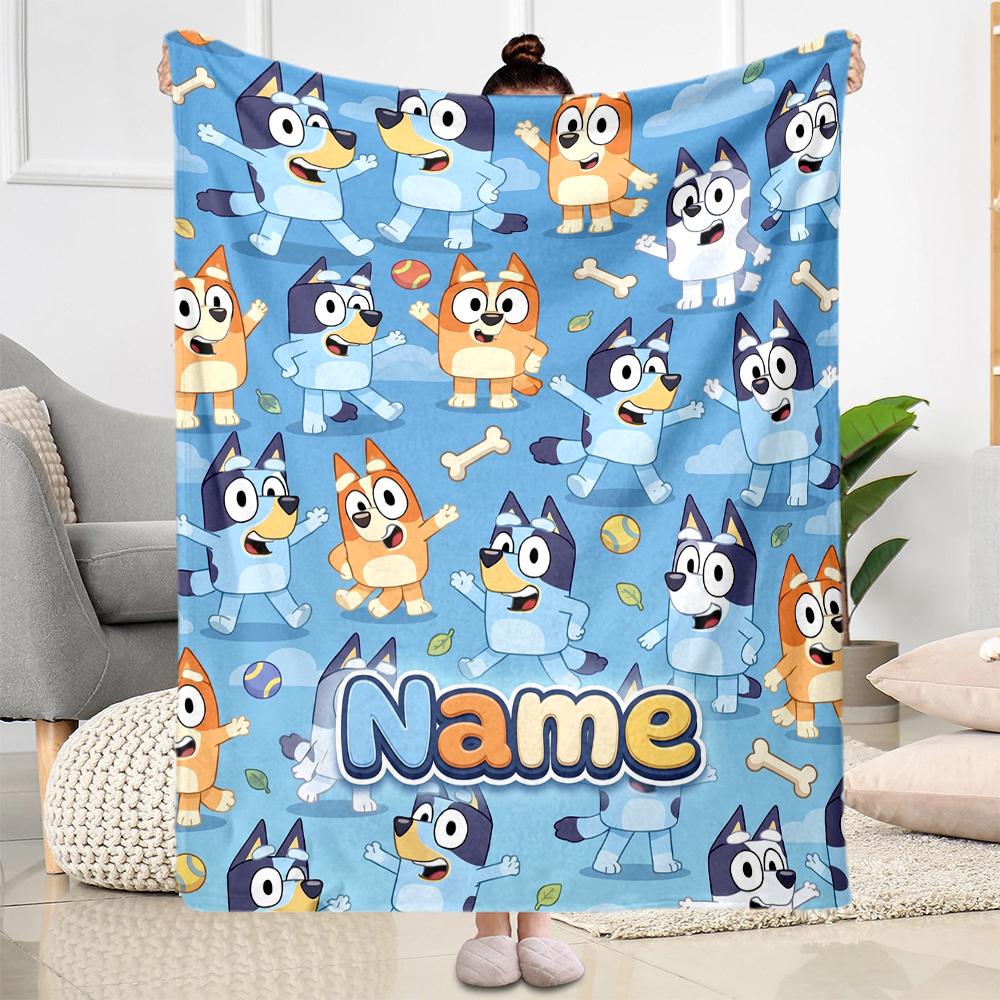 Bluey's Outdoor Fun Customize Your Name Blanket Multi-purpose Personalized Blanket Ultra-Soft Versatile for Bedding Livingroom Seaside Nap