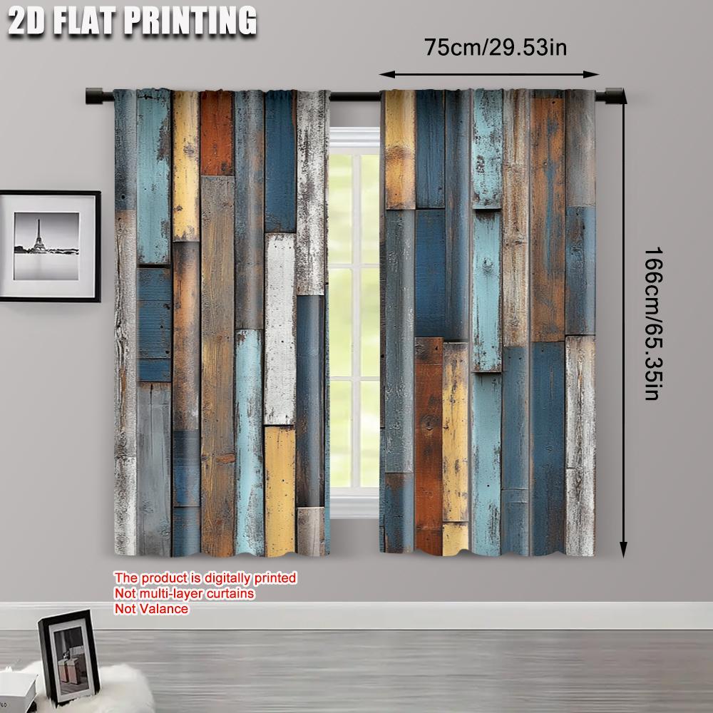 2pcs, Popular Curtain Panels 2D print Retro Faux Wood Plank Machine Washable Fabric (without rod) Gifts Perfect for Living Room,
