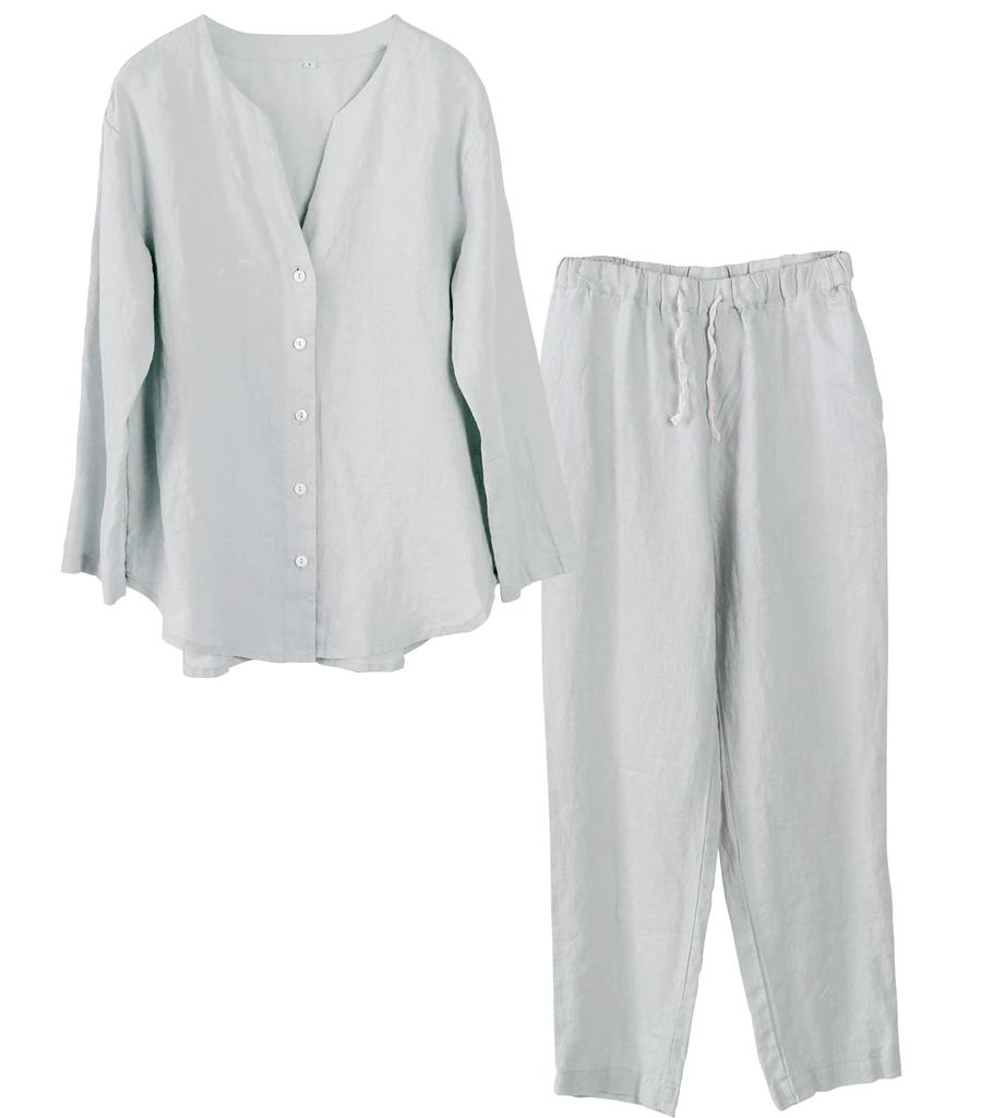 RAKUYUME Linen Long Solid Open Loungewear Women's Pajamas, Sleeve, 100% Linen, Loungewear, Spring, Summer, Autumn, Color, Front, Cute, Collarless,