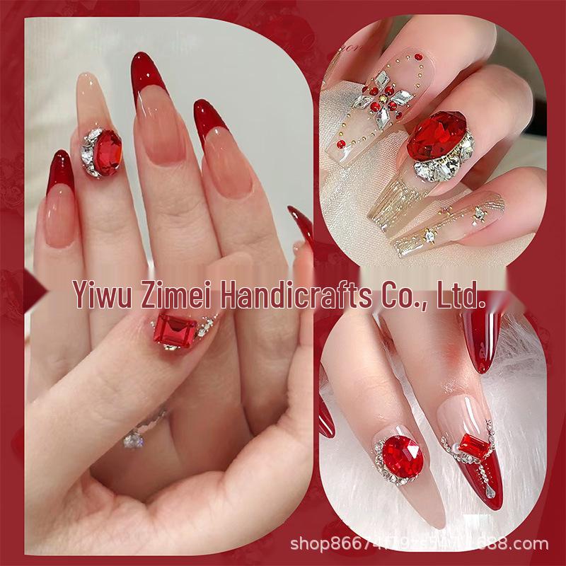 

2024 Super Flash Cherry Red Nail Art with Dongzhou Crystal Diamonds