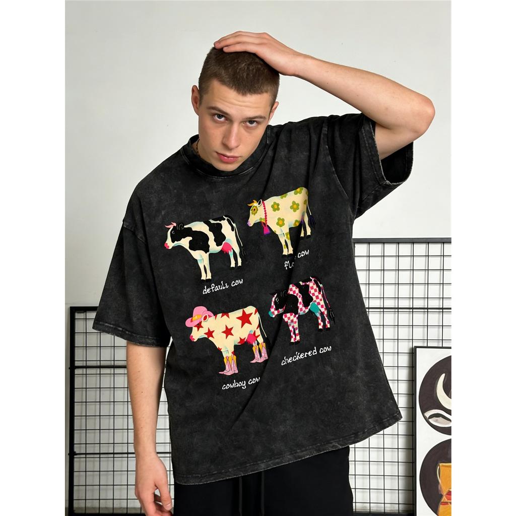Fashionable Round Neck Printed T-Shirt, Pure Cotton, Stylish Washed Crew Neck, Unisex Style, New Trend, Casual High-Quality Short Sleeve,Y2K
