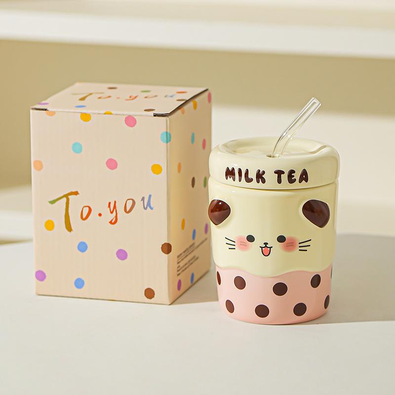 Cute Mug Couple Straw Cup with Lid Cup Gift Box Ceramic Cup Souvenir Birthday Gift Girl Practical