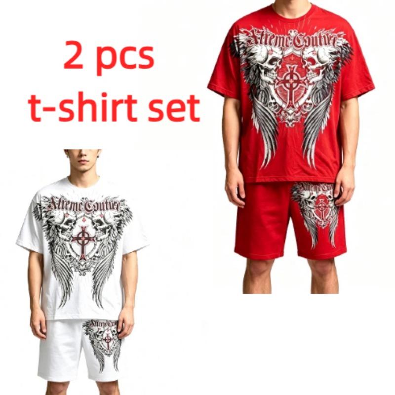 Summer Fashion Casual Retro Skull Angel Wing Printed Round Neck Short Sleeved T-Shirt And Shorts Set Men's and Women's T-shirt Shorts Set