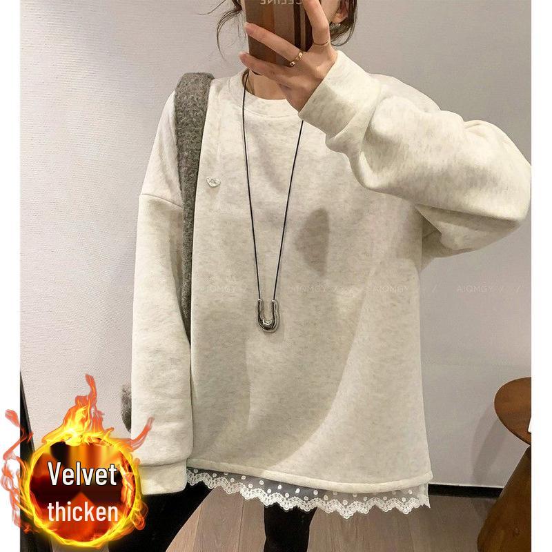Women's Korean Lace Trim Round Neck Fleece Sweatshirt - Winter Mid-Length Loose Fit