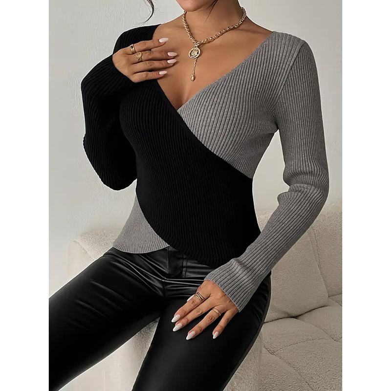 Women's V-Neck Cross Knitted Short Base Shirt Slim Fit Autumn New Design Sensation Comfortable Casual Style Long Sleeve Top