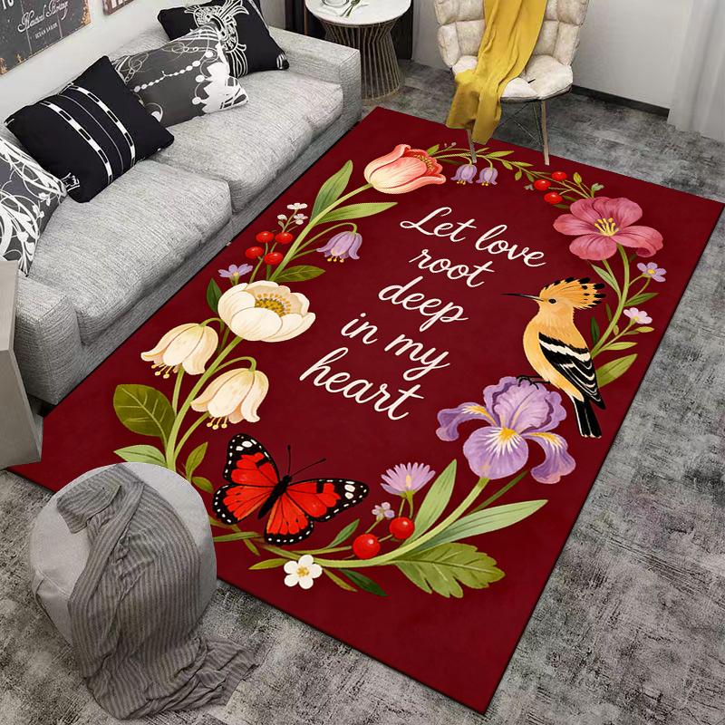 Colorful Floral Carpet with Bird, Butterfly, and Heartfelt Quote Design Suitable for Use As an Anti-slip for Living Room Bedroom Sofas