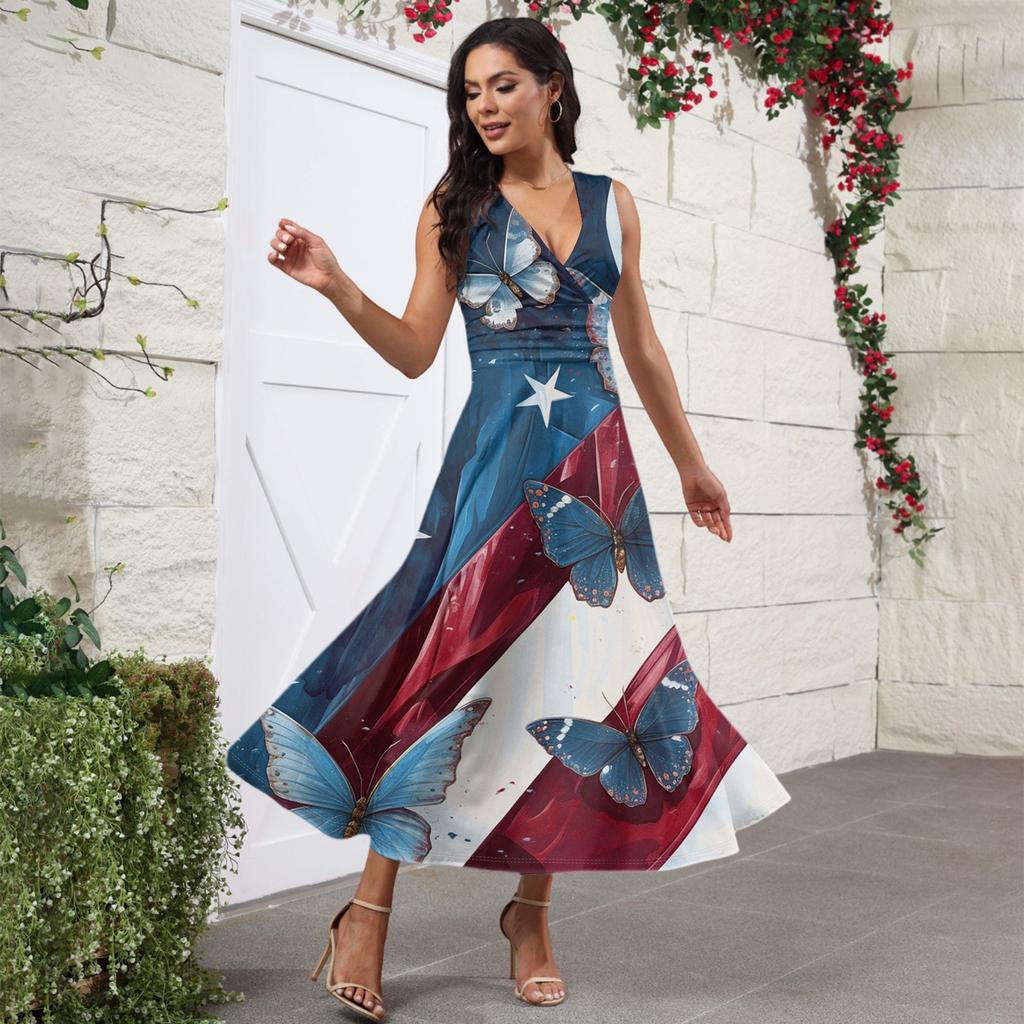 Women's Casual And Fashionable Independence Day Printed V-Neck Sleeveless Dress Dress