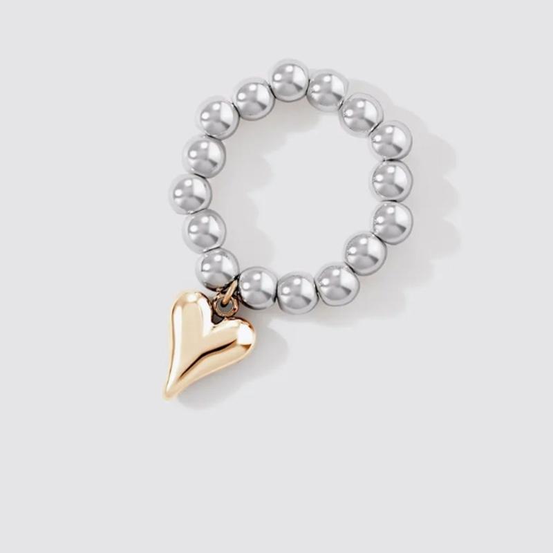 Fashionable Geometric Heart Pendant Ring Stainless Steel Elastic Rope Round Bead Jewelry for Parties and Everyday Wear