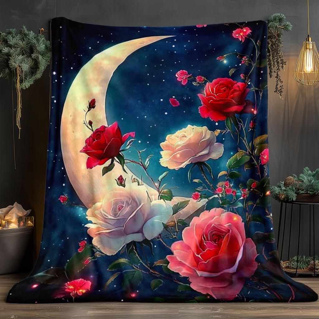 1pc Moon rose night sky romantic blanket celestial floral fleece blanket dreamy bedroom decor soft throw blanket for women