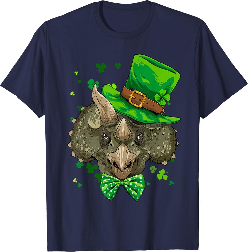 Triceratops Leprechaun St Patricks Day Graphic Tee Men Women Cotton Casual T-Shirt