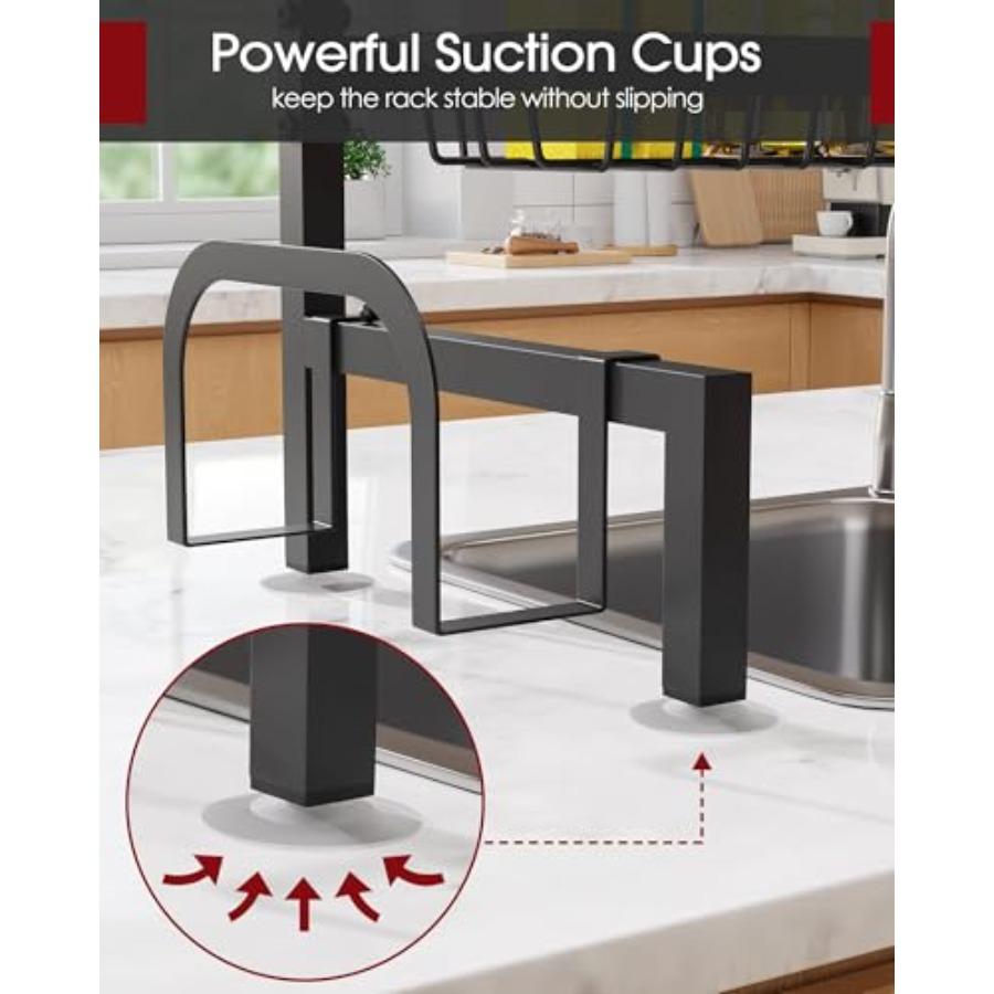 Over The Sink Dish Drying Rack - Adjustable 2 Tier Large Ccity Stainless Steel Drainer with Cutlery Utensil Holders Kitchen Sto