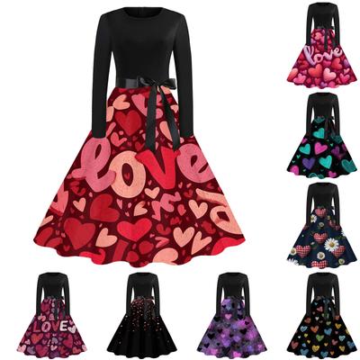 Women's Casual Fashion Round Neck Valentine's Day Printed Retro Dress