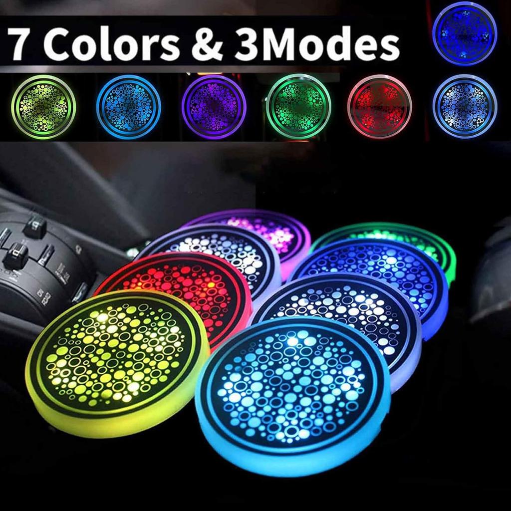 2PCS LED Car Cup Holder Lights, Light up Car Coasters for Cup Holders 7 Color-Changing Light Up Cup Holder ert Coasters, Waterproof Car Accessories