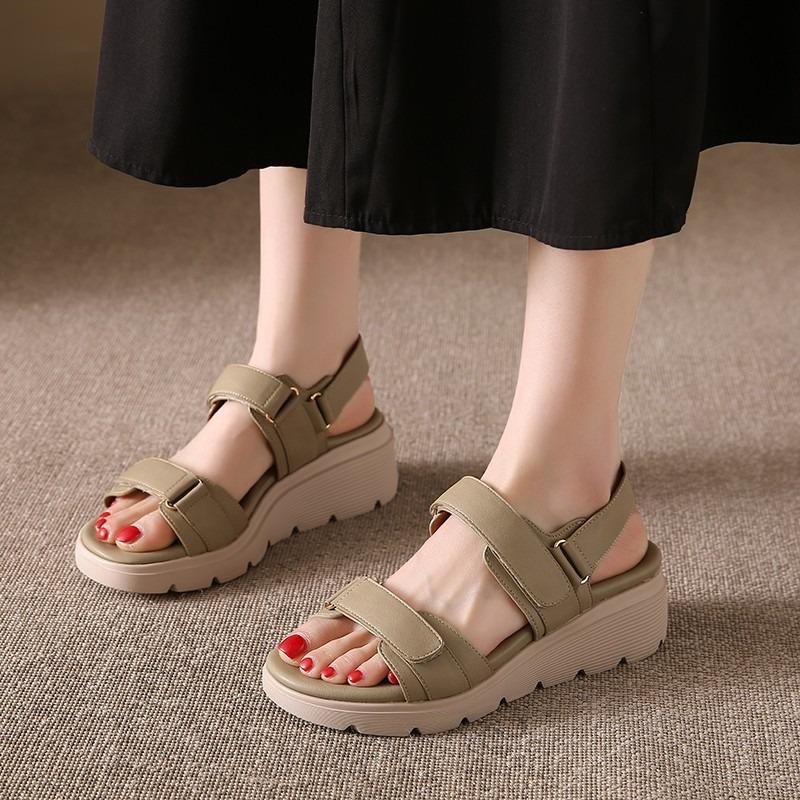 2025 Summer New Thick Bottom Slope Heel Sandals Lightweight Non-slip Comfortable Casual Sports Velcro Roman Shoes