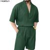 Summer Two Pieces  Men V Neck Texture Short Sleeve Tops and Shorts Clothing Sets