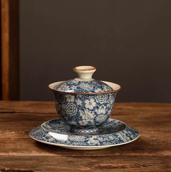 Ru Kiln Blue and White Ceramics Three Talent Bowl Household Chinese style tea bowl Retro tea maker teacup 1pcs