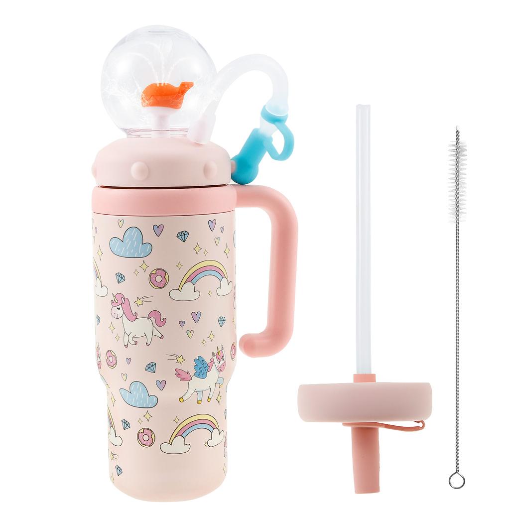 710 ML/24 Oz Water Bottle Stainless Steel Whale Fountain Tumbler Leak-proof Drinking Cup with Straw Brush or Cup Brush for Child