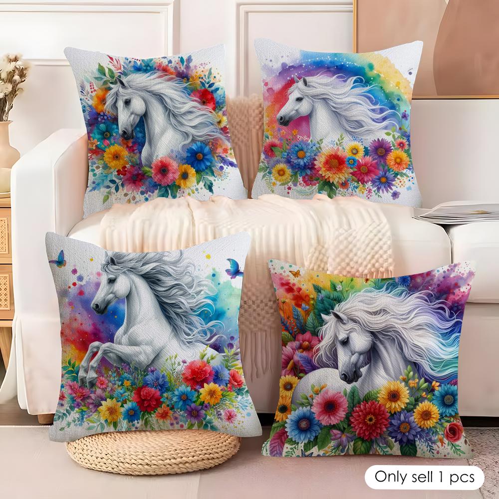Watercolor Horse Floral Cushion Cover Soft Plush Fabric DoubleSided Printed Cushion Covers for All Seasons Modern Home Decor